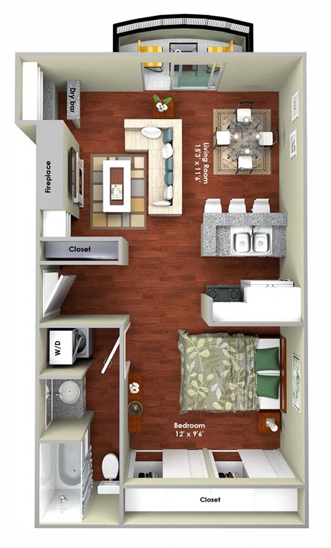 Floor plan for studio, 1 bath, 622 sqft